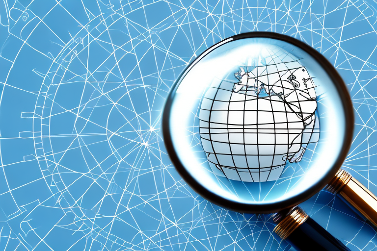 A magnifying glass over a stylized globe with various points connected by lines to symbolize the global reach of seo