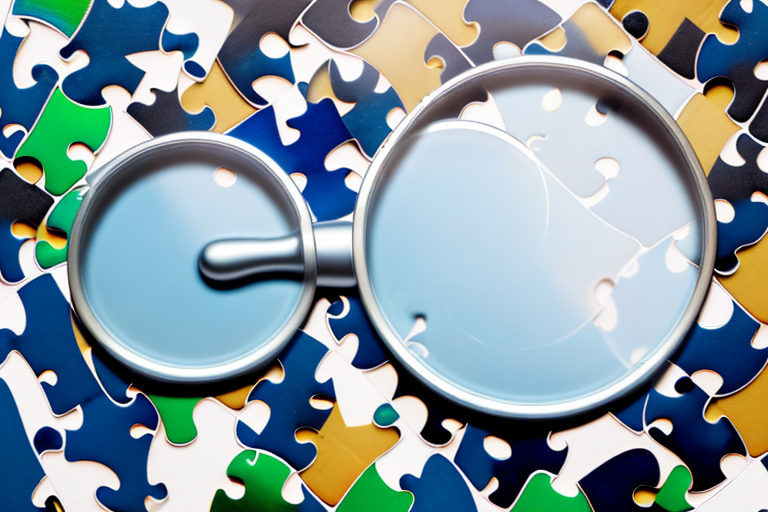 A magnifying glass hovering over a puzzle piece that seamlessly fits into a vibrant