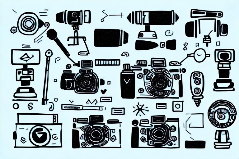 A video camera surrounded by various digital marketing tools and symbols