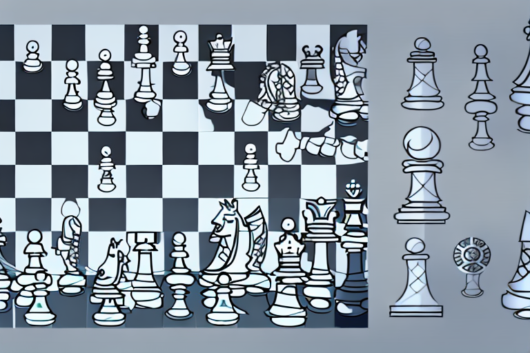 A chessboard with traditional pieces on one side and digital elements like pixels